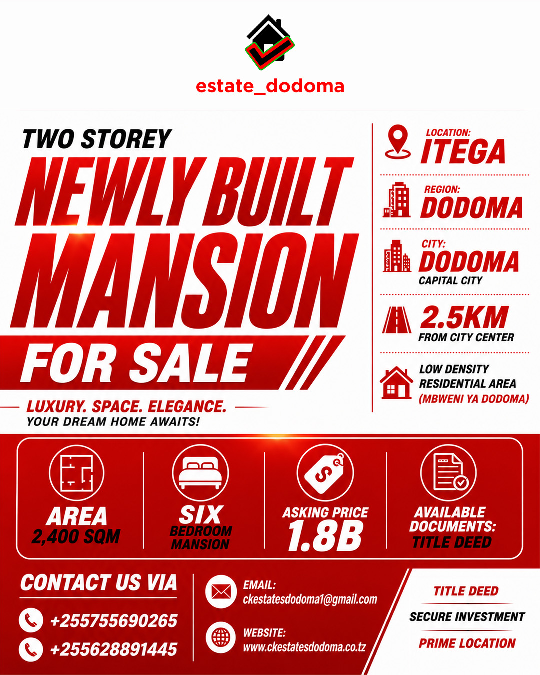 Two storey newly bulit mansion available for sale — CK ESTATES DODOMA COMPANY LIMITED